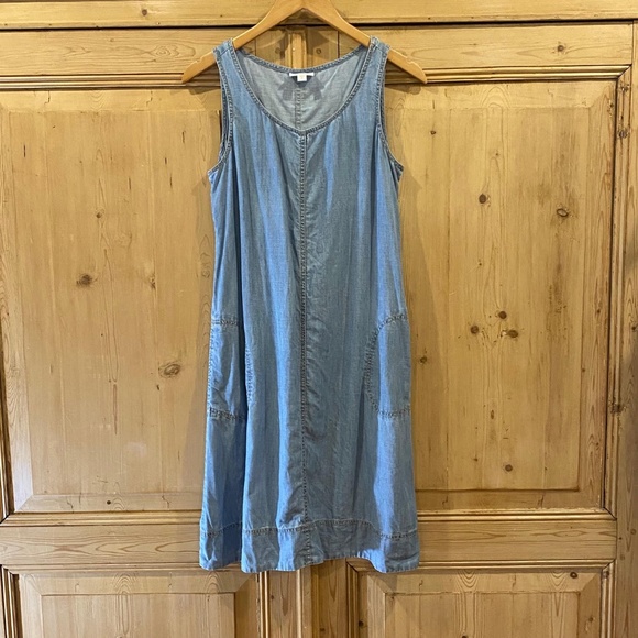 J.Jill Blue Denim Linen Blend Shift Jumper Sleeveless Dress Pockets Size XS - Picture 1 of 7